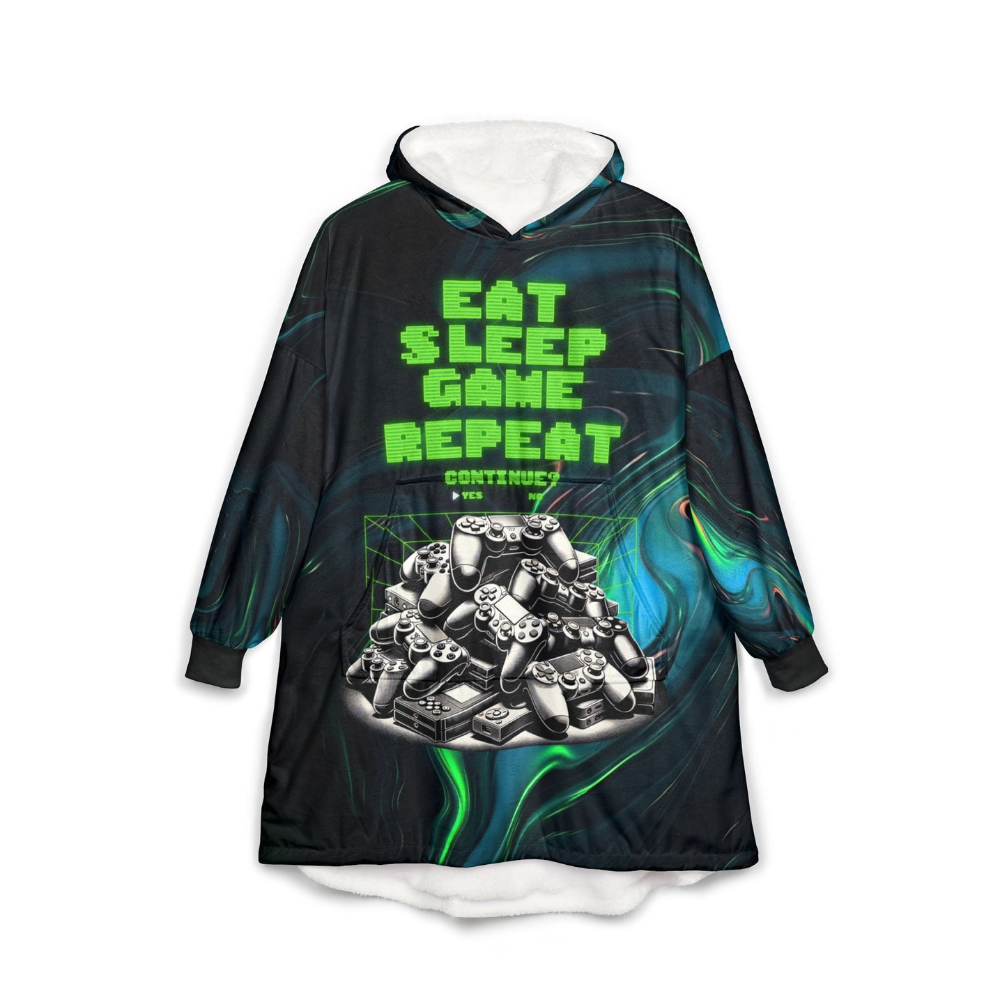 Cozy Gamer Unisex Hoodie Blanket - eat sleep game repeat and xbox bear on the back
