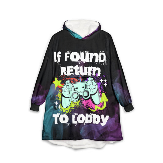 Cozy Gamer Hooded Blanket, Unisex, if found return to loby front blue ps4 bear on the back