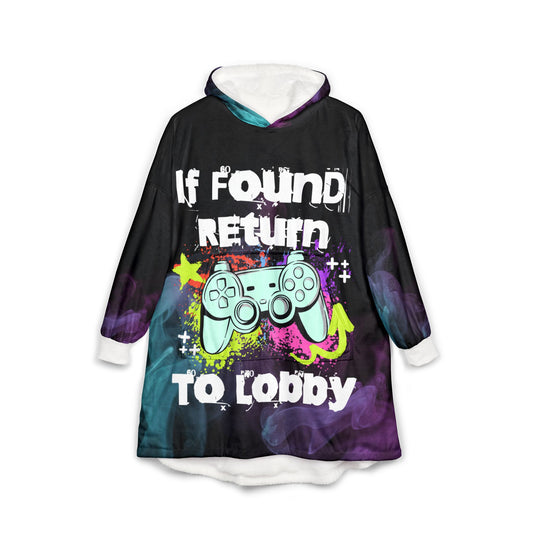 Cozy Gamer Hooded Blanket, Unisex, if found return to loby front blue ps4 bear on the back